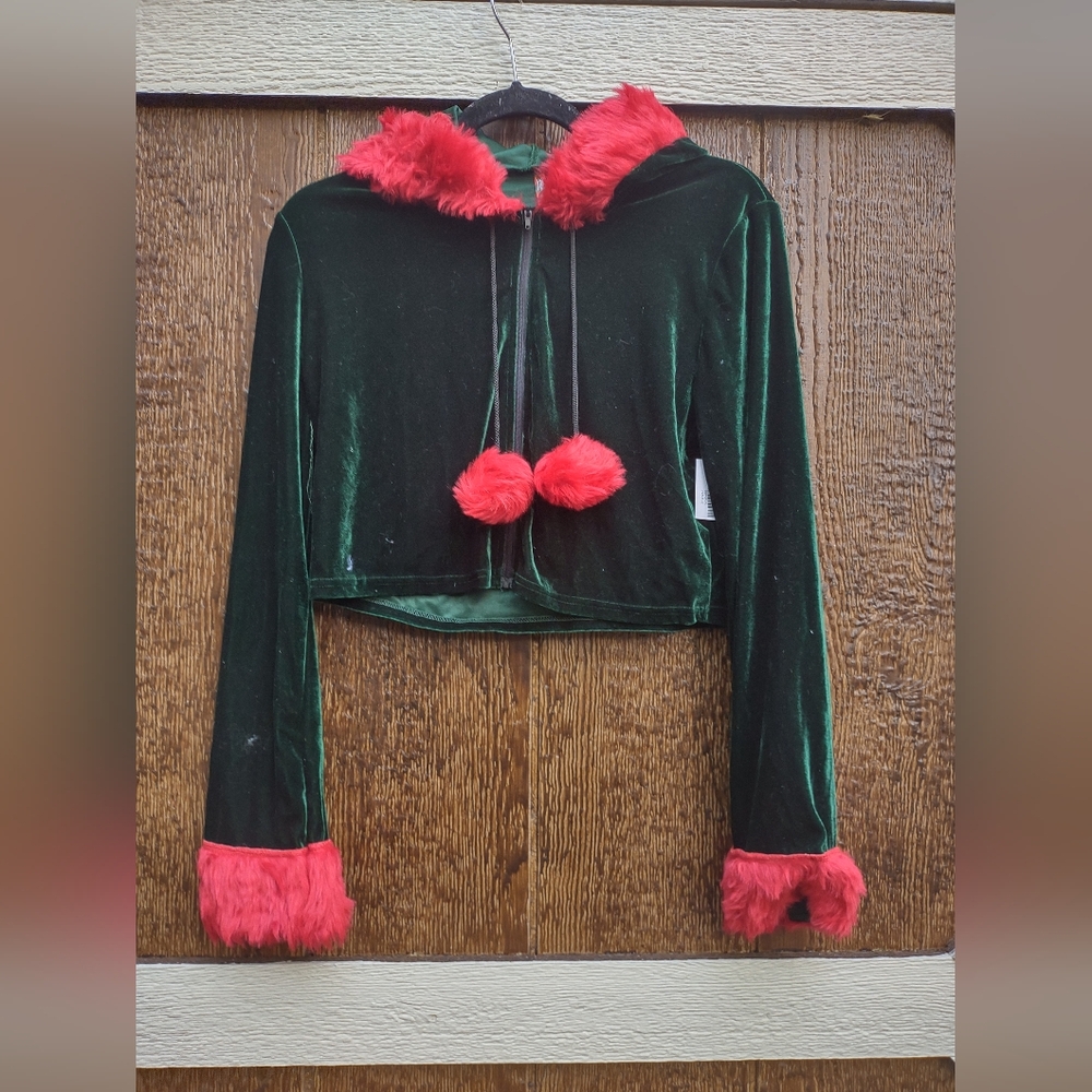 Spencer's Green Red Cropped Full Zip Velvet Elf Hoodie Women's Large